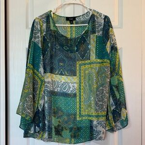 AGB Green and Yellow Paisley Patchwork Sheer Top with Separate White Tank Sz XL
